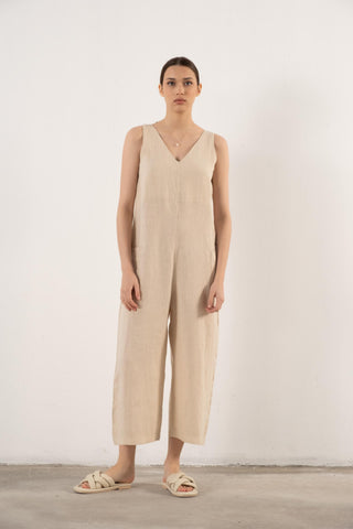 Pure Linen V-Neck Women’s Jumpsuit - Beige / S/M - Jumpsuit