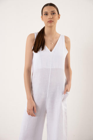 Pure Linen V-Neck Women’s Jumpsuit - White / S/M - Jumpsuit