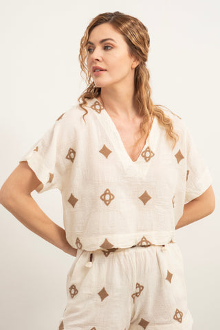 Bordered V-Neck Blouse