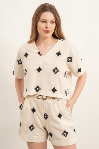 Bordered V-Neck Blouse