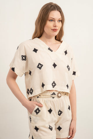 Bordered V-Neck Blouse