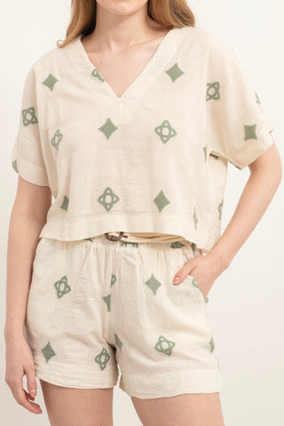 Bordered V-Neck Blouse