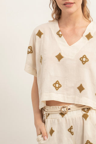 Bordered V-Neck Blouse