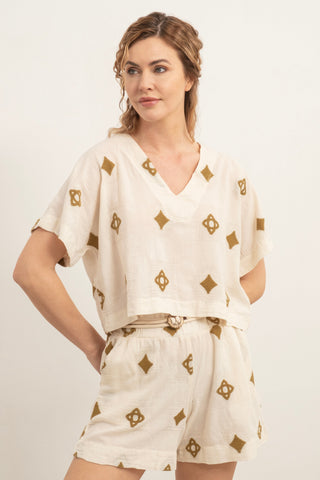 Bordered V-Neck Blouse