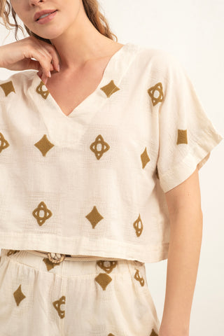 Bordered V-Neck Blouse