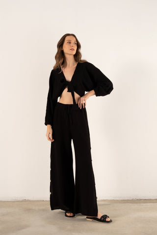 Muslin Balloon Sleeve Tie Blouse