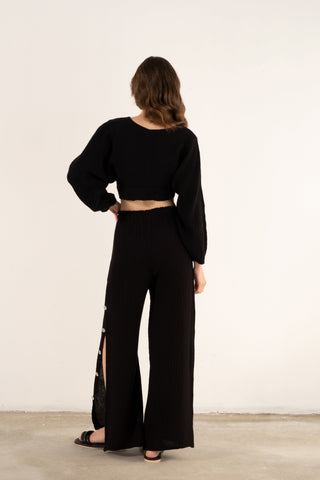 Muslin Balloon Sleeve Tie Blouse