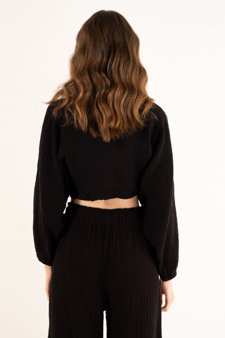 Muslin Balloon Sleeve Tie Blouse