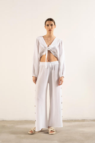 Muslin Balloon Sleeve Tie Blouse