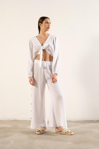 Muslin Balloon Sleeve Tie Blouse