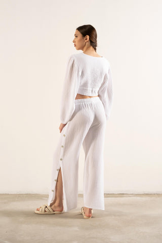 Muslin Balloon Sleeve Tie Blouse