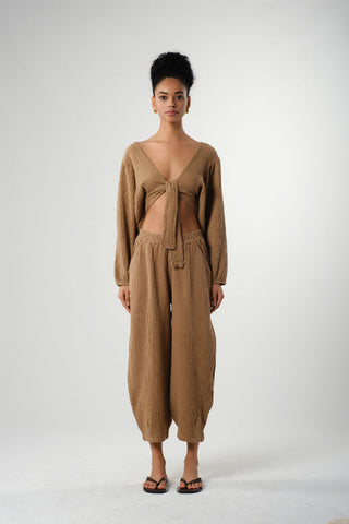 Muslin Balloon Sleeve Tie Blouse