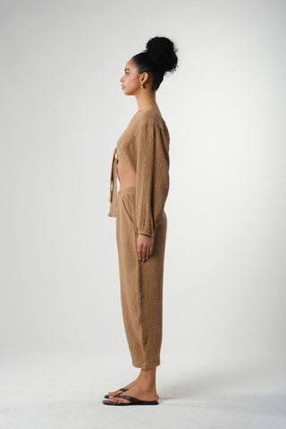 Muslin Balloon Sleeve Tie Blouse