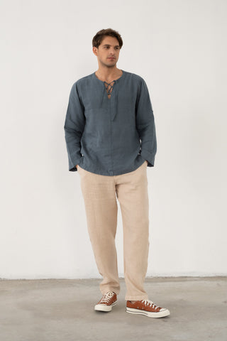 Linen Lace Up Long Sleeve Men Henley Shirt