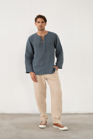 Linen Lace Up Long Sleeve Men Henley Shirt