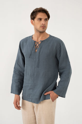 Linen Lace Up Long Sleeve Men Henley Shirt