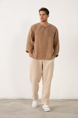 Linen Lace Up Long Sleeve Men Henley Shirt