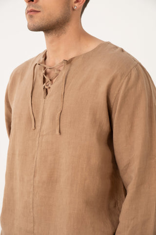 Linen Lace Up Long Sleeve Men Henley Shirt