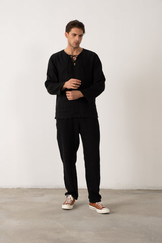 Linen Lace Up Long Sleeve Men Henley Shirt