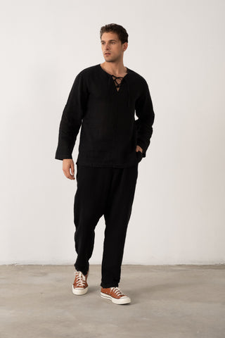 Linen Lace Up Long Sleeve Men Henley Shirt