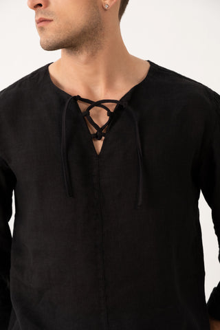 Linen Lace Up Long Sleeve Men Henley Shirt