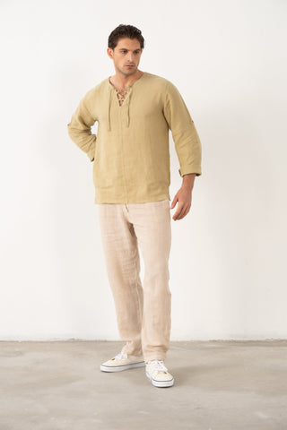 Linen Lace Up Long Sleeve Men Henley Shirt