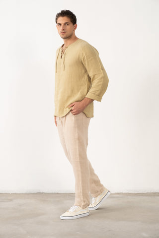 Linen Lace Up Long Sleeve Men Henley Shirt