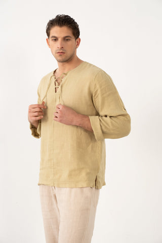 Linen Lace Up Long Sleeve Men Henley Shirt