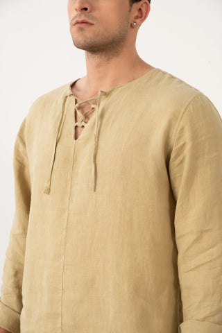 Linen Lace Up Long Sleeve Men Henley Shirt