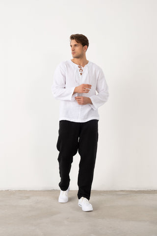 Linen Lace Up Long Sleeve Men Henley Shirt