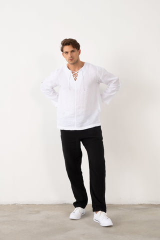 Linen Lace Up Long Sleeve Men Henley Shirt