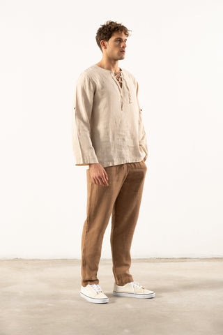 Linen Lace Up Long Sleeve Men Henley Shirt