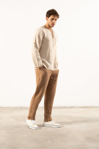 Linen Lace Up Long Sleeve Men Henley Shirt