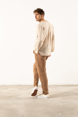 Linen Lace Up Long Sleeve Men Henley Shirt