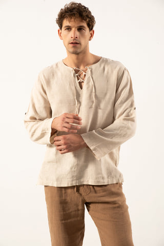 Linen Lace Up Long Sleeve Men Henley Shirt