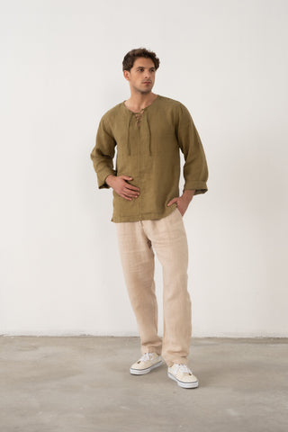 Linen Lace Up Long Sleeve Men Henley Shirt