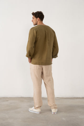 Linen Lace Up Long Sleeve Men Henley Shirt