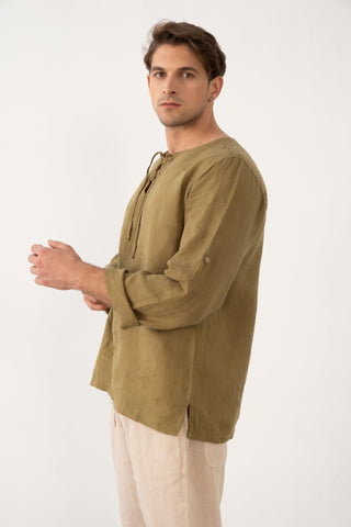 Linen Lace Up Long Sleeve Men Henley Shirt