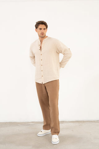 Linen Mandarin Collar Men's Shirt