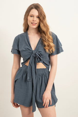 Ruffle Sleeve Tied Crop