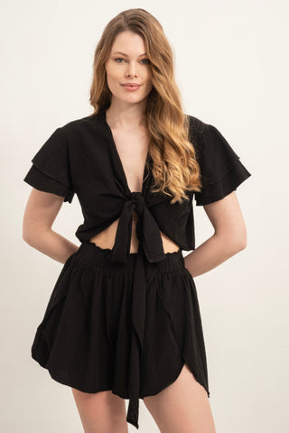 Ruffle Sleeve Tied Crop