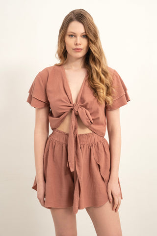 Ruffle Sleeve Tied Crop