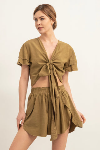 Ruffle Sleeve Tied Crop