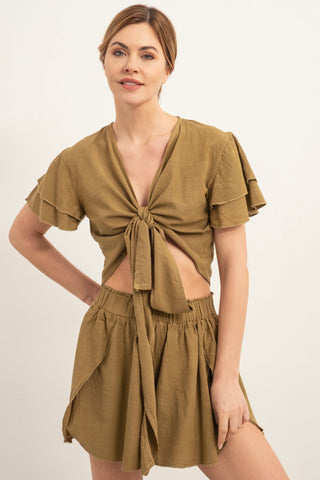 Ruffle Sleeve Tied Crop