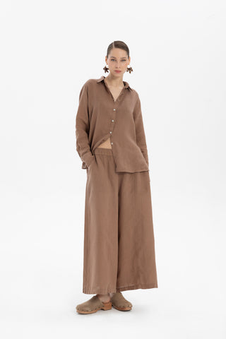 Wide Leg Linen Trousers - Brown / S/M - Trousers