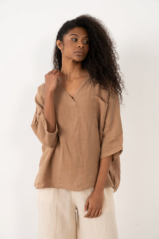 Linen V-Neck Oversize Women’s Shirt - Brown / Standard - Shirt