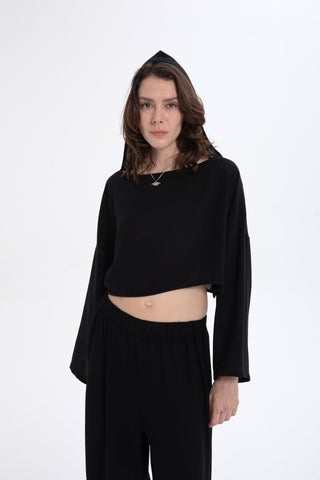 Hooded Batwing Sleeve Short Blouse
