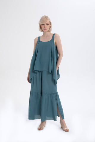 Linen Blend Trousers with Slit Legs - Petrol / Standard - Trousers