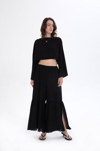Linen Blend Trousers with Slit Legs - Black / Standard - Trousers