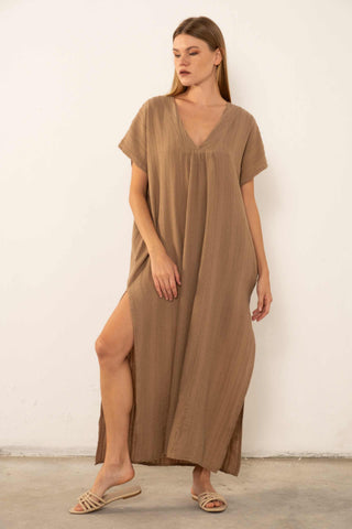 Patterned Woven Maxi Kaftan Dress - Dress